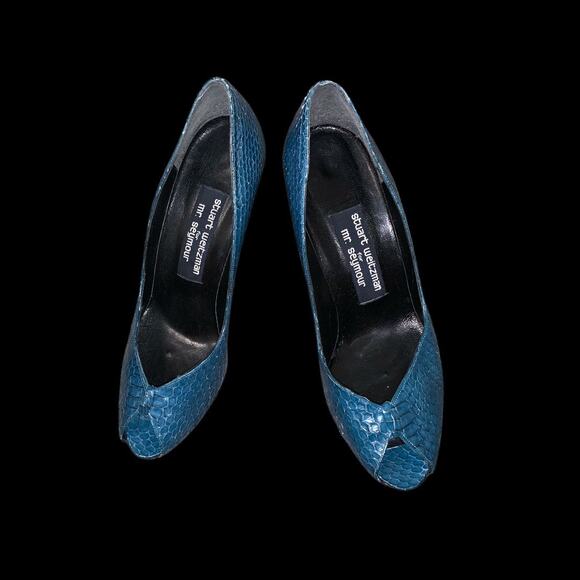 Stuart Weitzman Mr. Seymour Blue Snakeskin Peep Toe Heels Size 8 - Picture 3 of 10